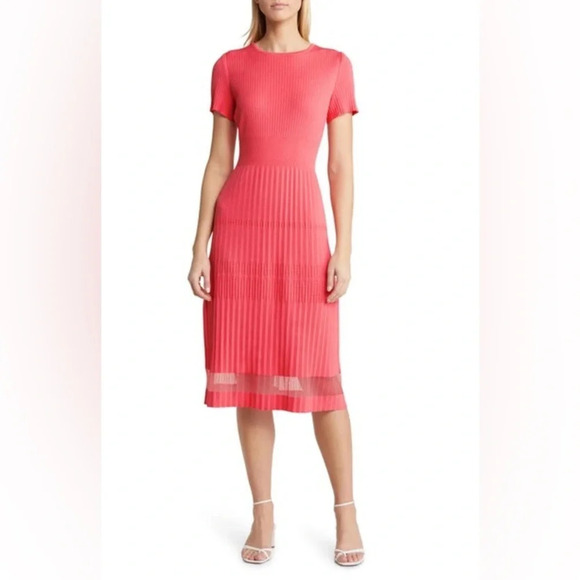 NWT Ming Wang Pleated Knit Dress in Sunkissed Coral Size XS